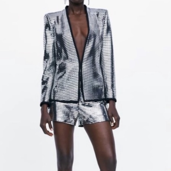 ZARA Silver Sequin Blazer XS SOLD OUT - Picture 1 of 5